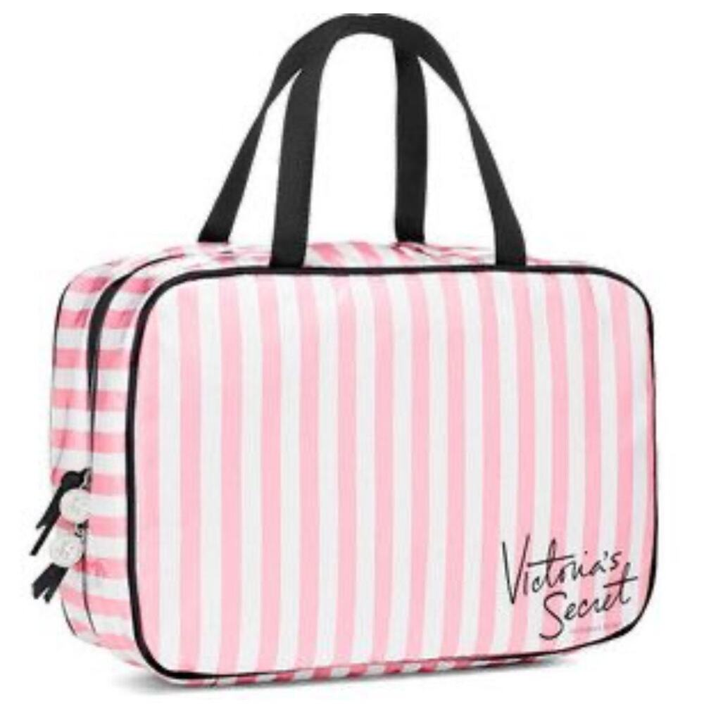 VICTORIA' S SECRET | Vintage White Pink Striped Cosmetic Case Travel Bag Zipper